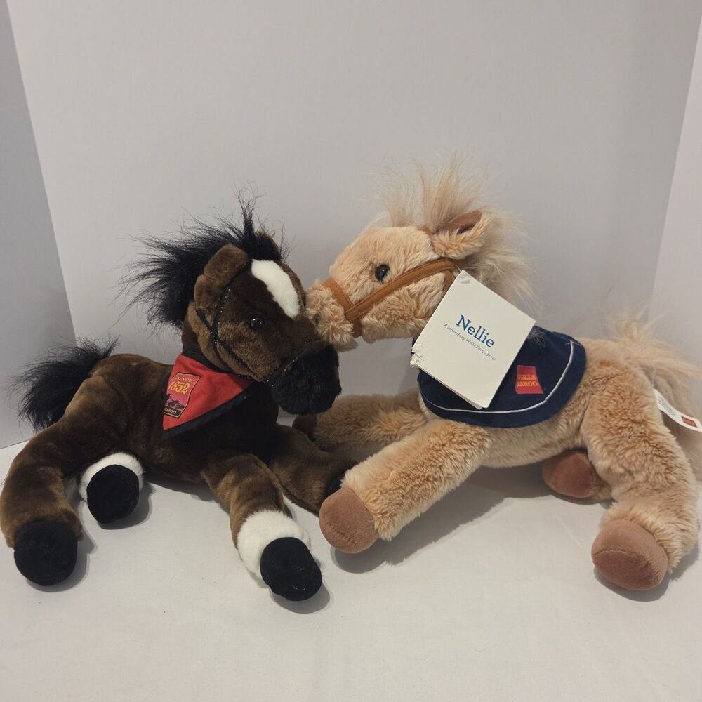 Lot Of 2 Legendary Wells Fargo Plush 16” MAGGIE & NELLIE Horse w/ Scarf Brown